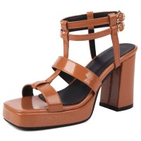 Square Open Toe Ankle Buckle Double T Straps Chunky Heels Summer Sandals - Brown Patent