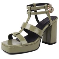 Square Open Toe Ankle Buckle Double T Straps Chunky Heels Summer Sandals - Green Patent