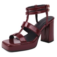 Square Open Toe Ankle Buckle Double T Straps Chunky Heels Summer Sandals - Wine Patent