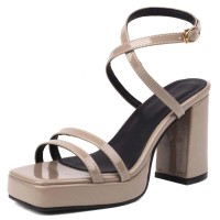 Square Open Toe Cross Straps Platforms Chunky Heels Summer Sandals - Apricot Tan Patent