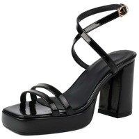 Square Open Toe Cross Straps Platforms Chunky Heels Summer Sandals - Black Patent