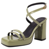 Square Open Toe Cross Straps Platforms Chunky Heels Summer Sandals - Green Patent