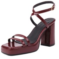 Square Open Toe Cross Straps Platforms Chunky Heels Summer Sandals - Wine Patent