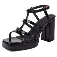 Square Open Toe Ankle Buckle T Straps Chunky Heels Summer Sandals - Black Patent