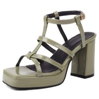 Square Open Toe Ankle Buckle T Straps Chunky Heels Summer Sandals - Green Patent