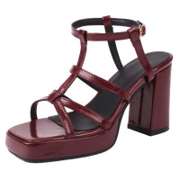 Square Open Toe Ankle Buckle T Straps Chunky Heels Summer Sandals - Wine Patent