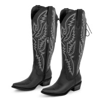 Pointed Toe Chunky Heels Western Style Knee Highs Cowgirl Boots - Black Faux Leather