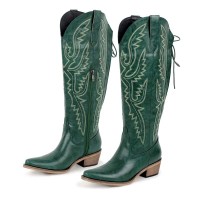 Pointed Toe Chunky Heels Western Style Knee Highs Cowgirl Boots - Green Faux Leather