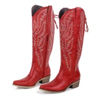 Pointed Toe Chunky Heels Western Style Knee Highs Cowgirl Boots - Red Faux Leather