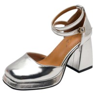 Square Toe Ankle Buckle Cross Straps Chunky Heels Dorsay Sandals - Silver Patent