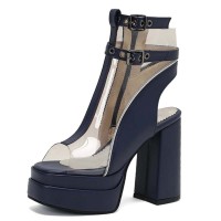 Peep Toe Double Buckle Straps Transparent Ankle Highs Chunky Heels Platforms Summer Booties - Blue Faux Leather
