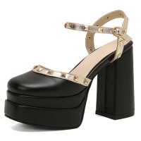 Round Toe Ankle Buckle Rivet Golden Straps Chunky Heels Platforms Sandals - Black Faux Leather