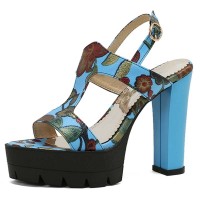 Peep Toe T Straps Platforms Chunky Heels Slingback Flower Summer Sandals - SkyBlue Faux Leather