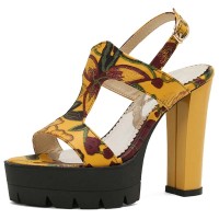 Peep Toe T Straps Platforms Chunky Heels Slingback Flower Summer Sandals - Yellow Faux Leather