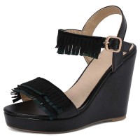 Peep Toe Ankle Buckle Straps Low Platforms Wedges Summer Sandals - Black Flock