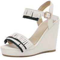 Peep Toe Ankle Buckle Straps Low Platforms Wedges Summer Sandals - White Flock