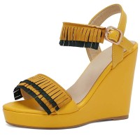 Peep Toe Ankle Buckle Straps Low Platforms Wedges Summer Sandals - Yellow Flock