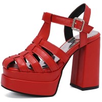 Open Toe T Straps Ankle Buckle Straps Double Platforms Chunky Heels Summer Sandals - Red Faux Leather