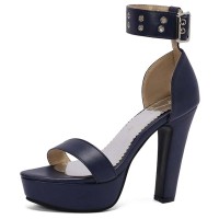 Peep Toe Ankle Buckle Straps Cuban Heels Platforms Sandals - Blue Faux Leather
