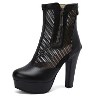 Round Toe Fishnet Surface Ankle Highs Cuban Heels Platforms Summer Booties - Black Faux Leather