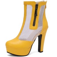 Round Toe Fishnet Surface Ankle Highs Cuban Heels Platforms Summer Booties - Yellow Faux Leather