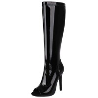 Peep Toe Stiletto Heels Knee Highs Boots - Black Patent