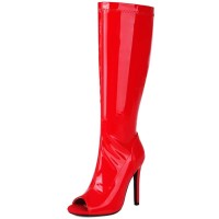 Peep Toe Stiletto Heels Knee Highs Boots - Red Patent
