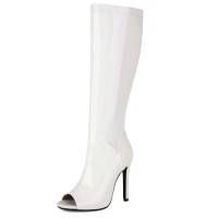 Peep Toe Stiletto Heels Knee Highs Boots - White Patent