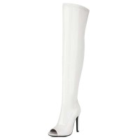 Peep Toe Stiletto Heels BlackPink Lisas Style Over The Knee Thigh Highs Boots - White Patent