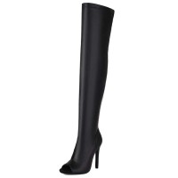 Peep Toe Stiletto Heels BlackPink Lisas Style Over The Knee Thigh Highs Boots - Black Faux Leather