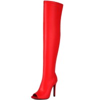 Peep Toe Stiletto Heels BlackPink Lisas Style Over The Knee Thigh Highs Boots - Red Faux Leather