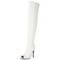 Peep Toe Stiletto Heels BlackPink Lisas Style Over The Knee Thigh Highs Boots - White Faux Leather
