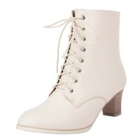 Pointed Toe Lace Up Chunky Block Heels Side Zipper Ankle Highs Autumn Boots - White Faux Leather