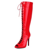 Peep Toe Lace Up Knee Highs Stiletto Heels Summer Boots - Red Patent