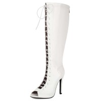 Peep Toe Lace Up Knee Highs Stiletto Heels Summer Boots - White Patent