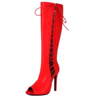 Peep Toe Lace Up Knee Highs Stiletto Heels Summer Boots - Red Faux Leather