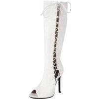 Peep Toe Lace Up Knee Highs Stiletto Heels Summer Boots - White Faux Leather