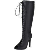 Peep Toe Stiletto Heels Knee Highs Lace Up Boots - Black Faux Leather