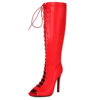 Peep Toe Stiletto Heels Knee Highs Lace Up Boots - Red Faux Leather