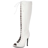 Peep Toe Stiletto Heels Knee Highs Lace Up Boots - White Faux Leather