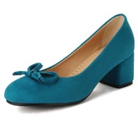 Round Toe Elegant Ribbon Decorated Chunky Block Heels Pumps - Blue Flock
