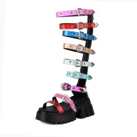 Peep Toe Chunky Heels Zipper Mixed Color Buckle Strap  Gladiators Sandals - Black Multicolor Patent