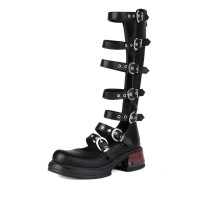 Round Toe Chunky Heels Multi Buckle Straps Gladiators Pumps - Black Faux Leather