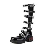 Round Toe Chunky Heels Multi Buckle Straps Gladiators Pumps - Black Patent