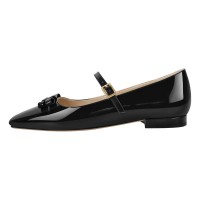 Square Toe Retro Decorated Mary Janes Straps Flats  - Black Patent