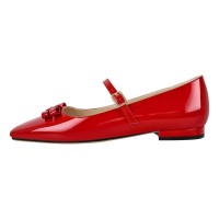 Square Toe Retro Decorated Mary Janes Straps Flats  - Red Patent