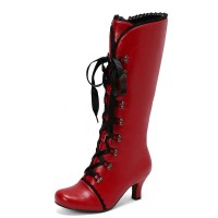 Round Toe Knee High Vintage Side Zipper Kitten Heels Lace Up Boots - Red Faux Leather