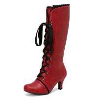 Round Toe Knee High Vintage Side Zipper Kitten Heels Lace Up Boots - Wine Red Faux Leather