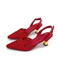 Pointed Toe Rhinestones Decorated Kitten Heels Slingback Pumps  - Red Synthetic