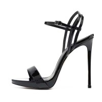 Stiletto Heels Peep Toe Ankle Buckle Straps Luxury Design Prom Sandals - Black Patent